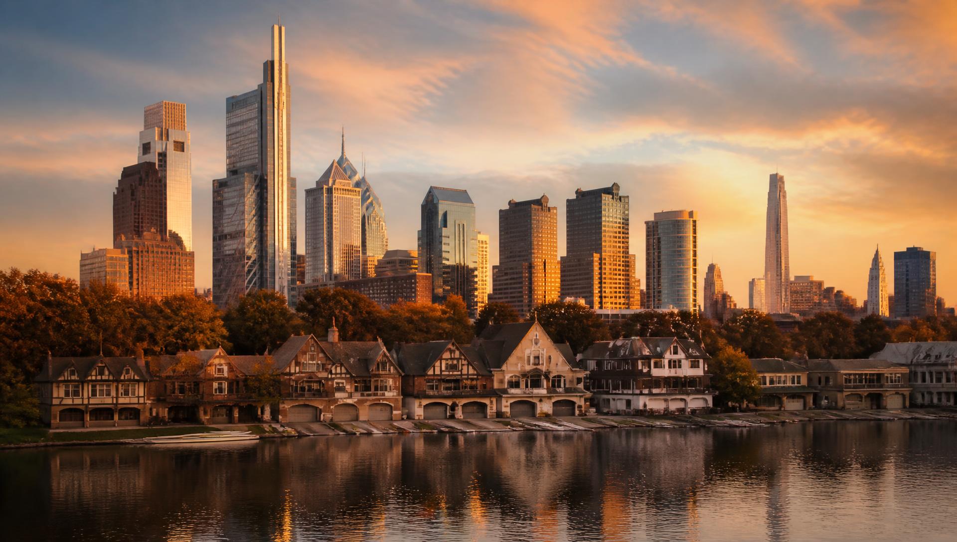 Philadelphia skyline and Boathouse Row along the Schuylkill River at sunset